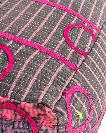 Large Square Kantha Floor Cushion Cover With Pink Circles