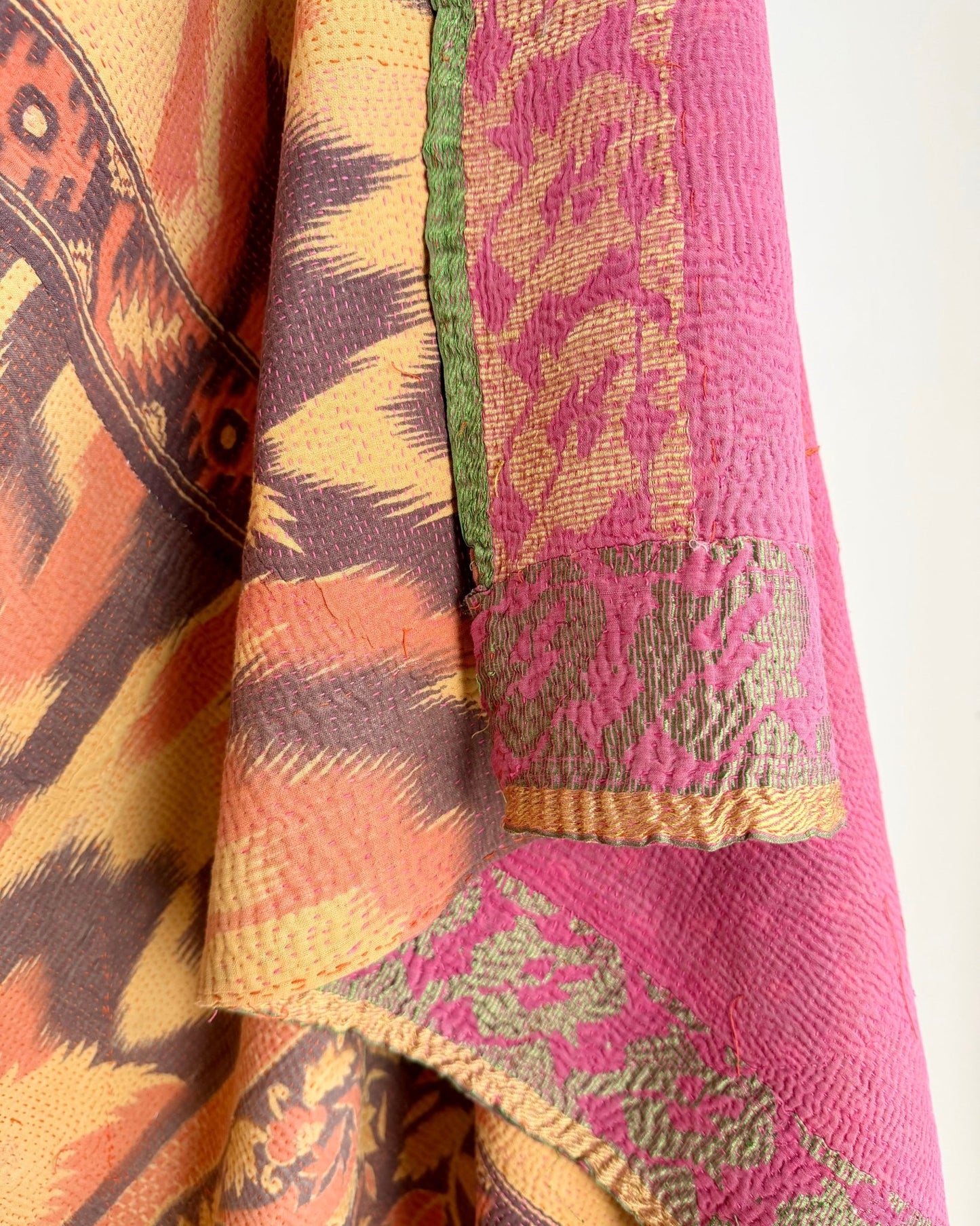 Large Fine Stitched Vintage Kantha Quilt With Yellow and Brown Flame Pattern - Biggs & Hill