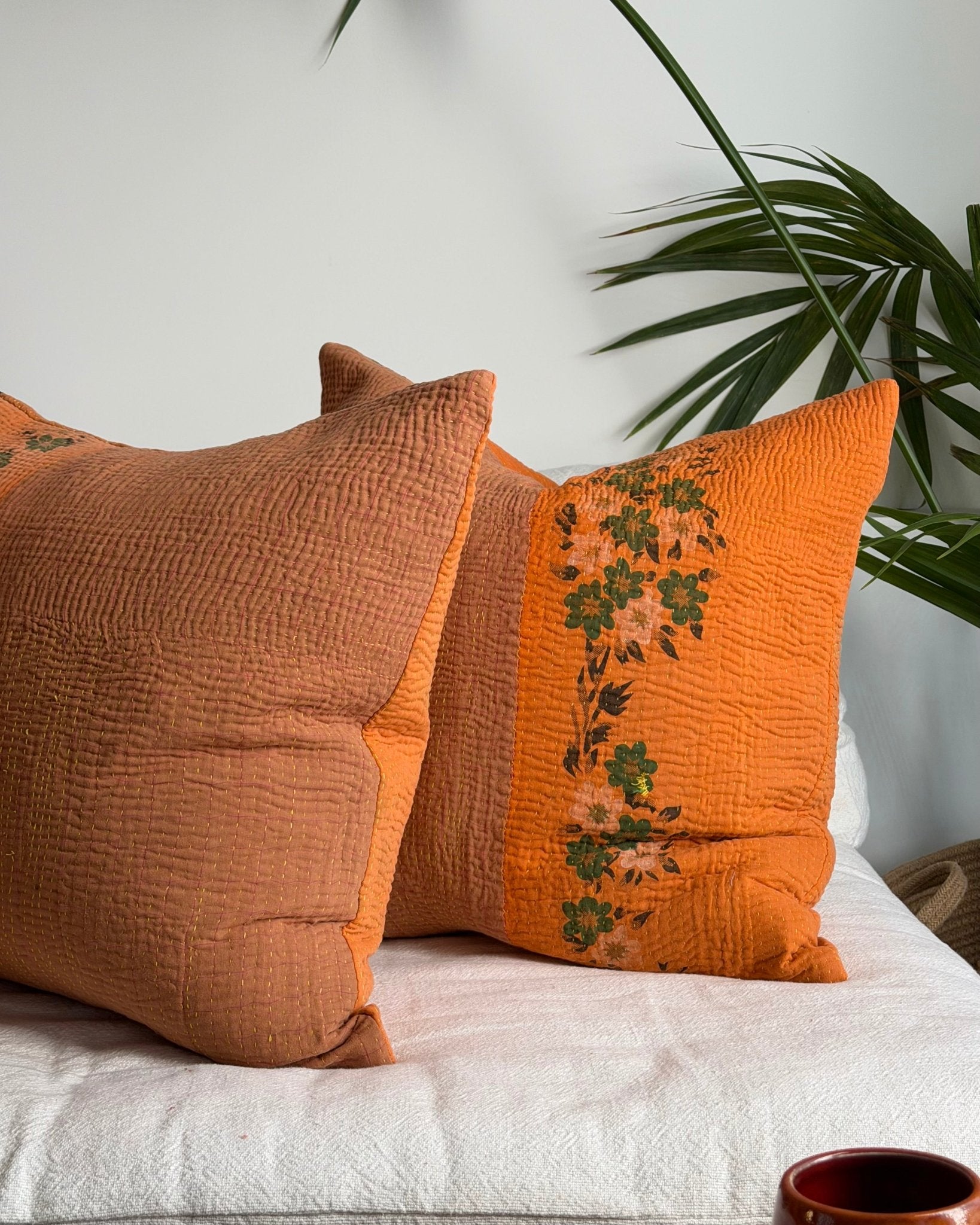 Vintage Kantha Cushion In Orange and Brown Floral 04 - 50cm Square - Biggs & Hill