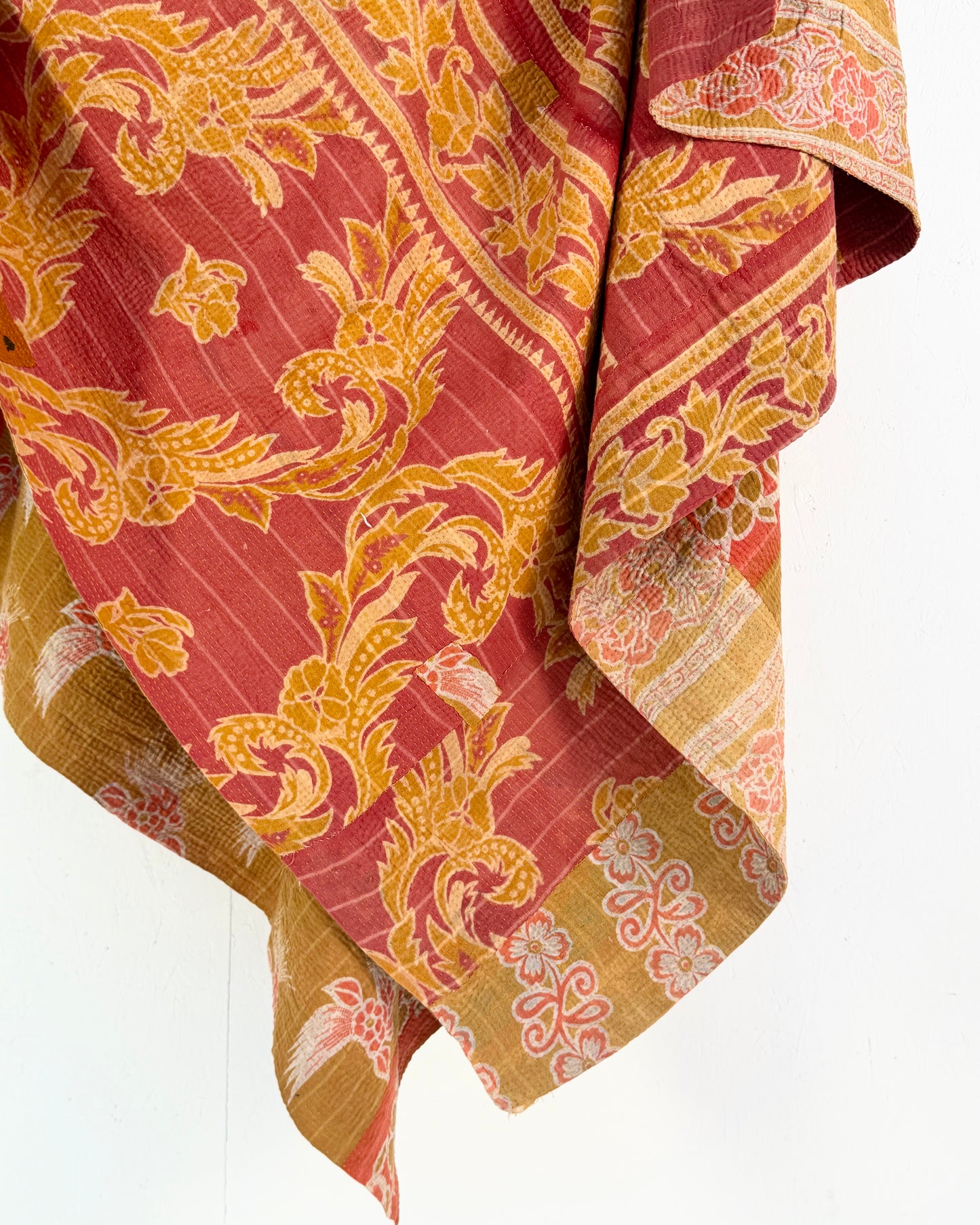 Large Fine Stitched Vintage Kantha Quilt in Mustard and Pink