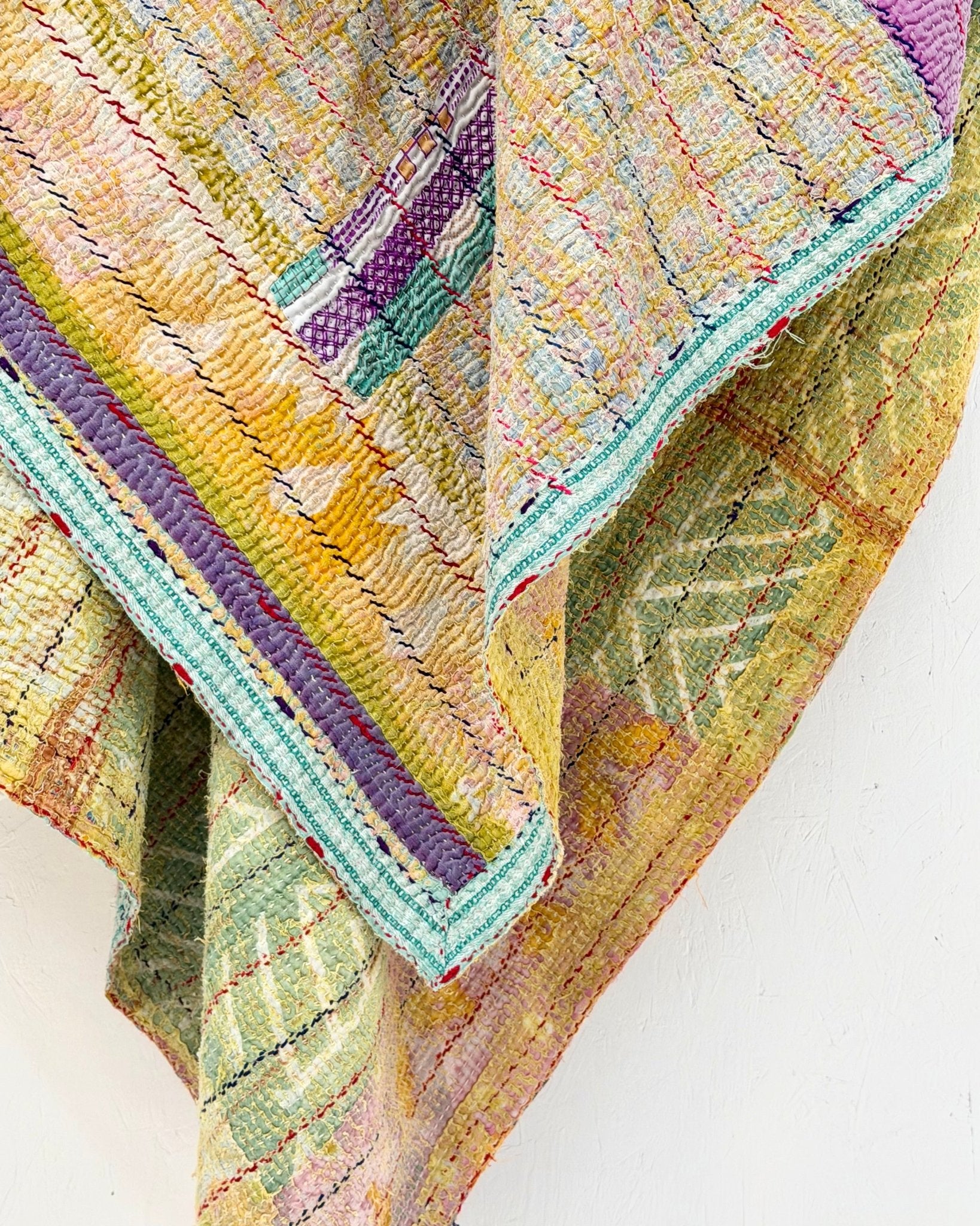 Large Textured Vintage Kantha Quilt In Abstract Pink, Purple and Yellow - Biggs & Hill