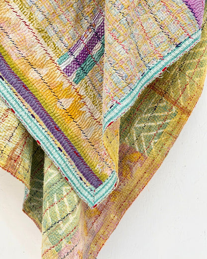 Large Textured Vintage Kantha Quilt In Abstract Pink, Purple and Yellow - Biggs & Hill