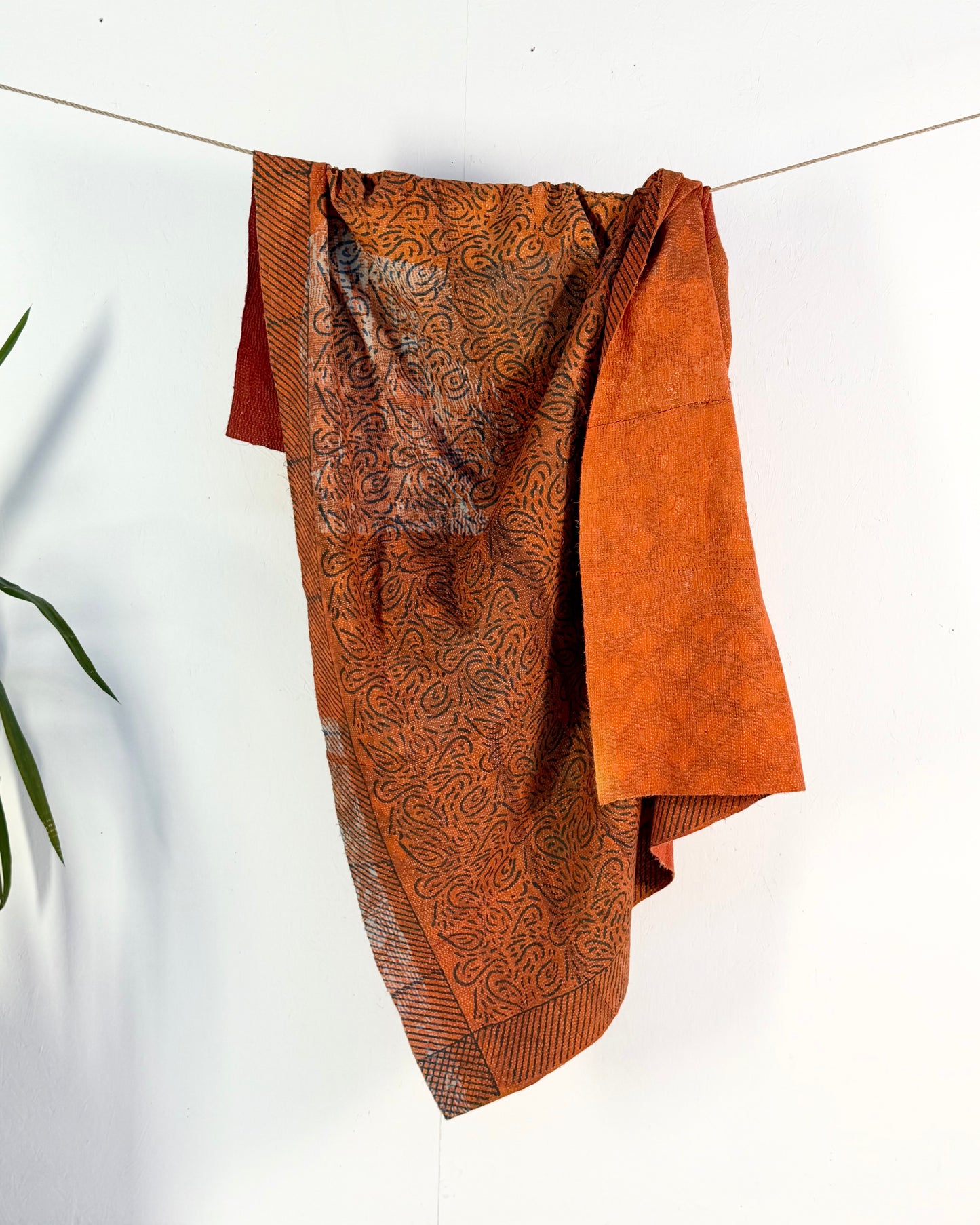 Ajrakh Printed Vintage Kantha Quilt In Orange And Green