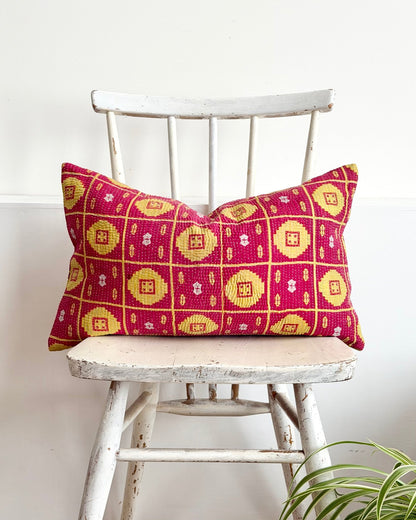 Vintage Kantha Cushion Cover In Lime Green and Pink - Small Rectangular - Biggs & Hill