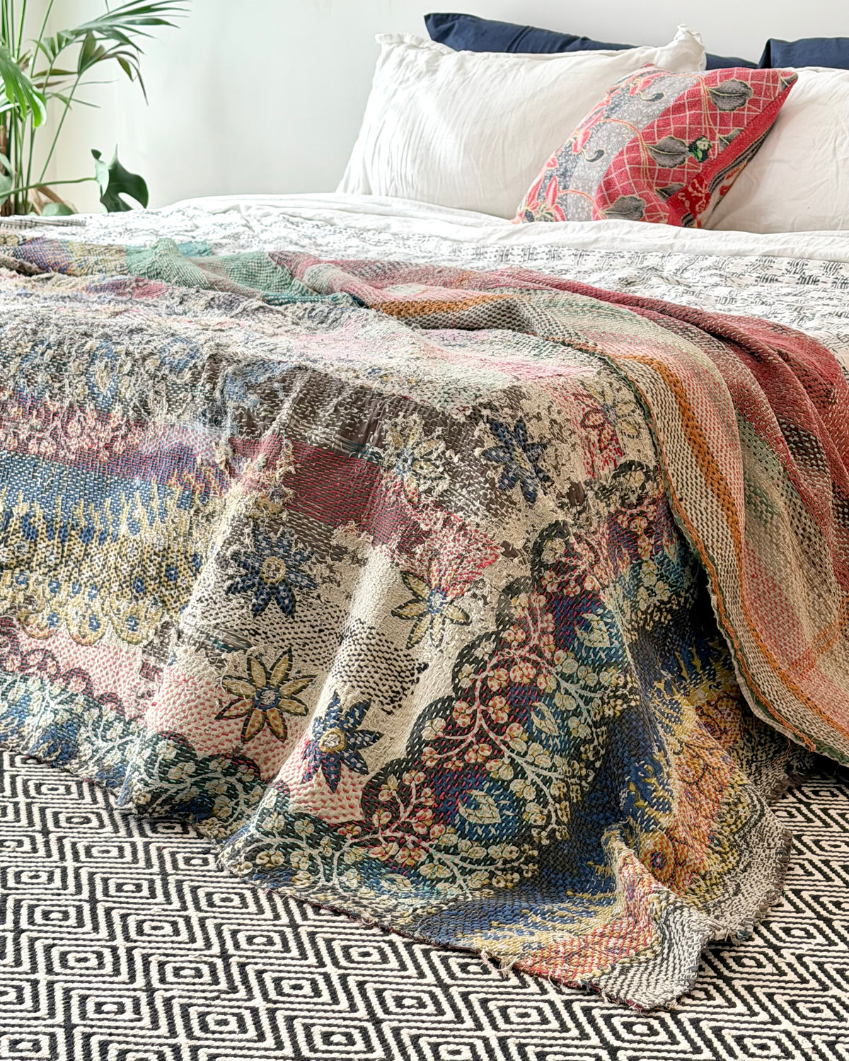 Large Textured Vintage Kantha Quilt In Pink Stripes and Moon Pattern