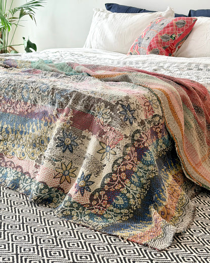 Large Textured Vintage Kantha Quilt In Pink Stripes and Moon Pattern