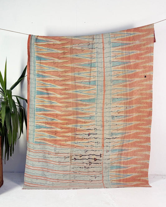 Project Kantha Quilt: Peachy Pink and Blue Geometrics - Biggs & Hill
