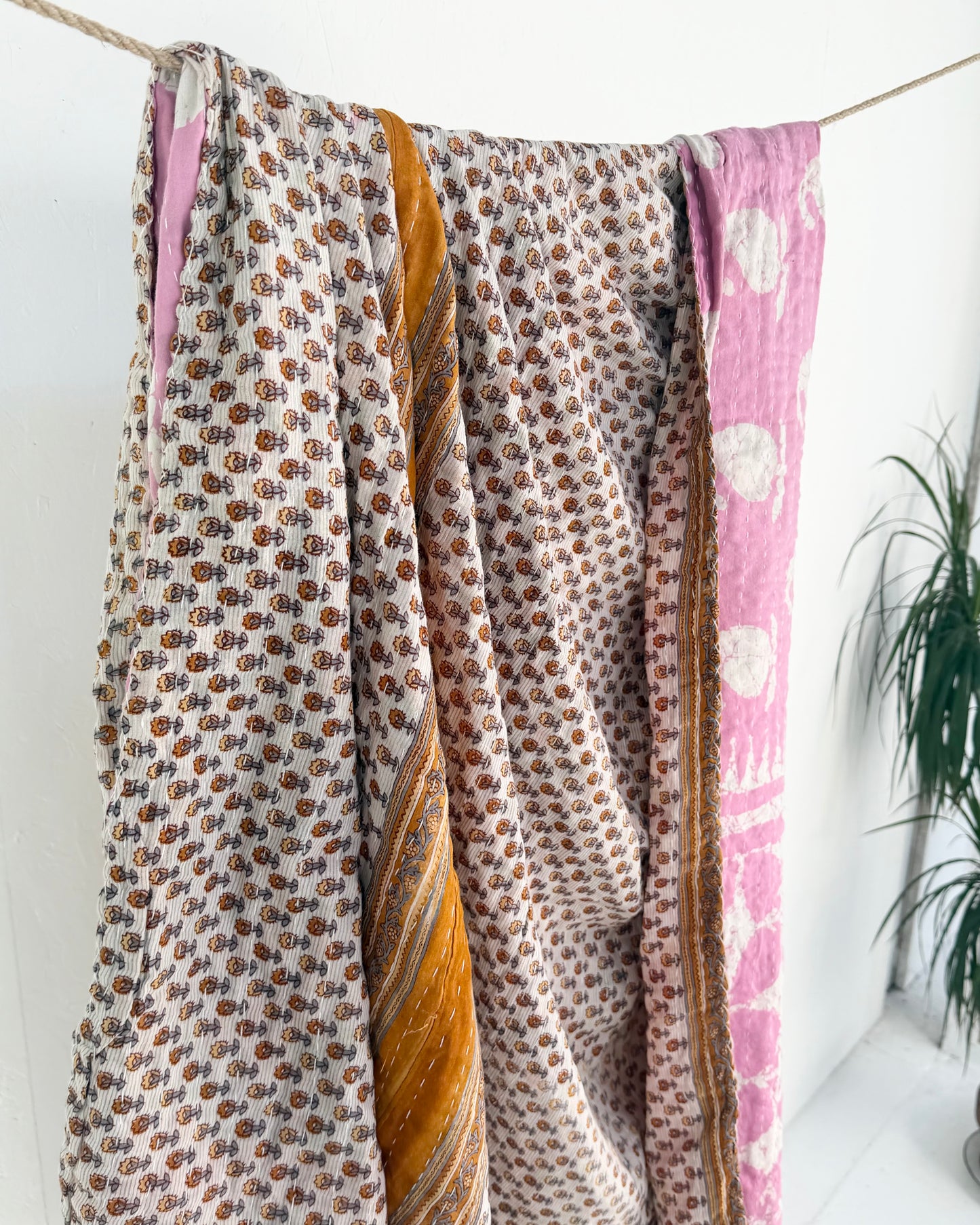 Vintage Cotton Kantha Quilt In Pink and Beige Floral #52