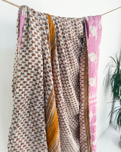 Vintage Cotton Kantha Quilt In Pink and Beige Floral #52