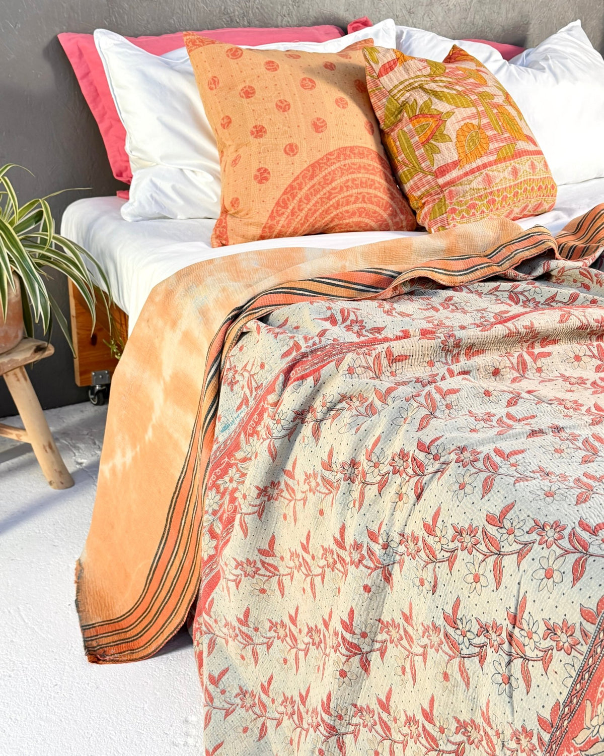 Extra Large Fine Stitched Vintage Kantha Quilt in Peachy Orange and Red - Biggs & Hill