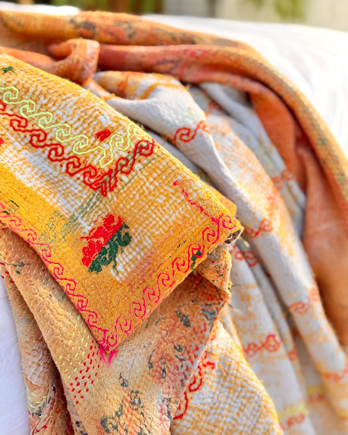 Embroidered Vintage Kantha Quilt in Yellow and Pink - Biggs & Hill