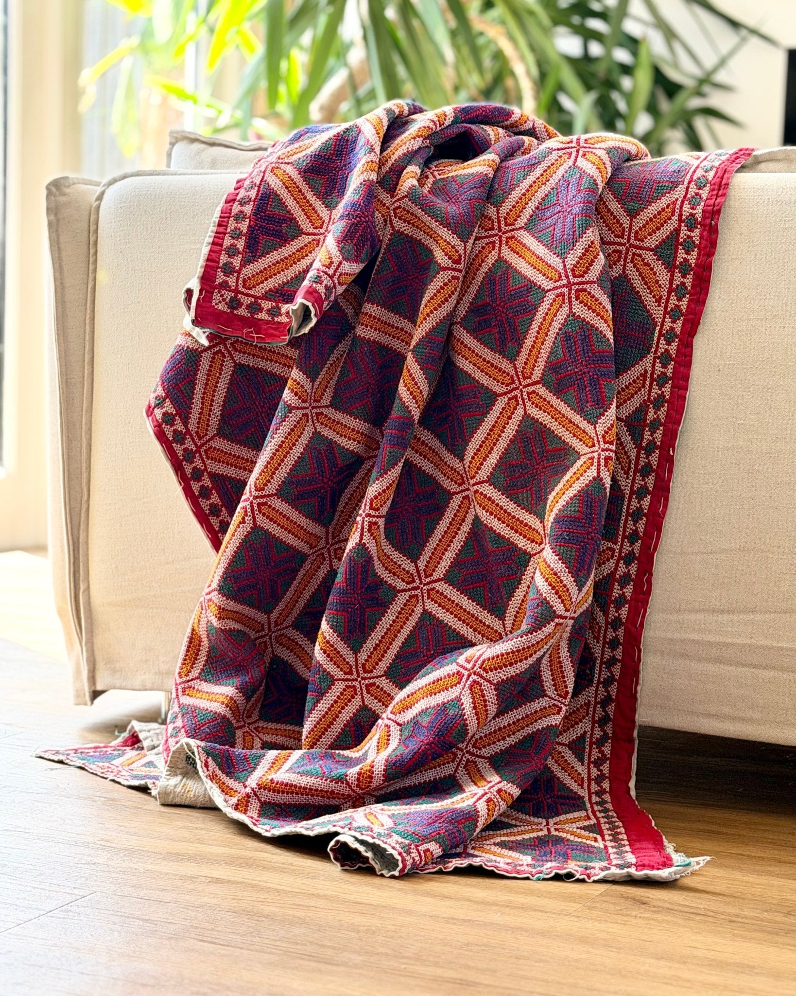 Heavy Vintage Galicha Kantha Quilt In Blue and Red - Biggs & Hill