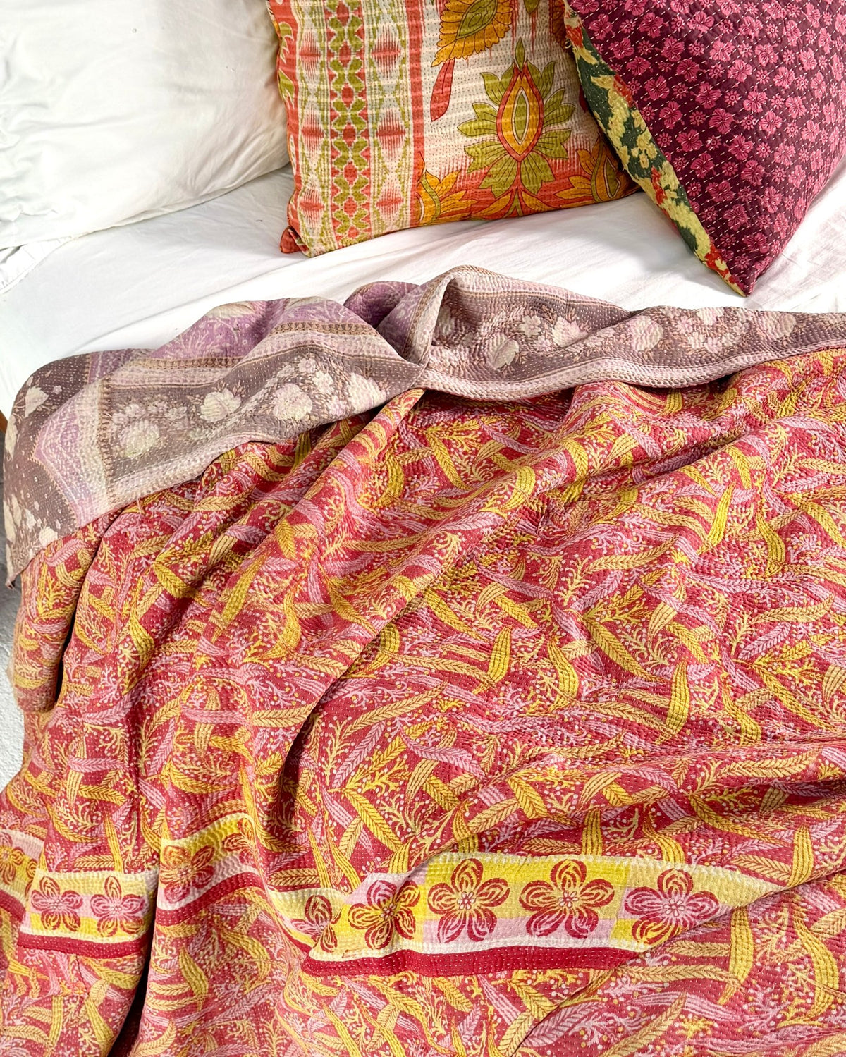 Large Fine Stitched Vintage Kantha Quilt in Pink, Orange and Lilac - Biggs & Hill