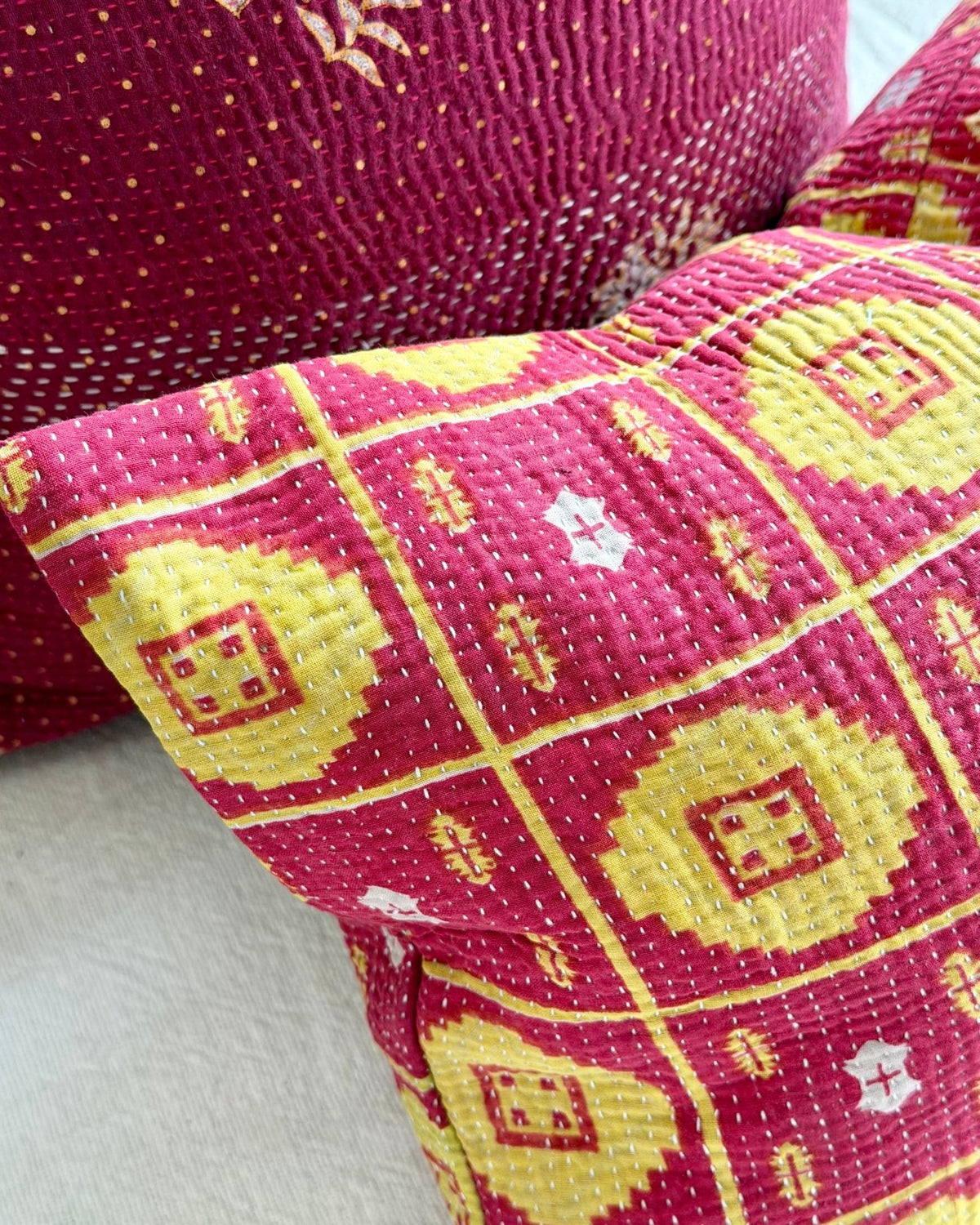 Vintage Kantha Cushion Cover In Lime Green and Pink - Small Rectangular - Biggs & Hill
