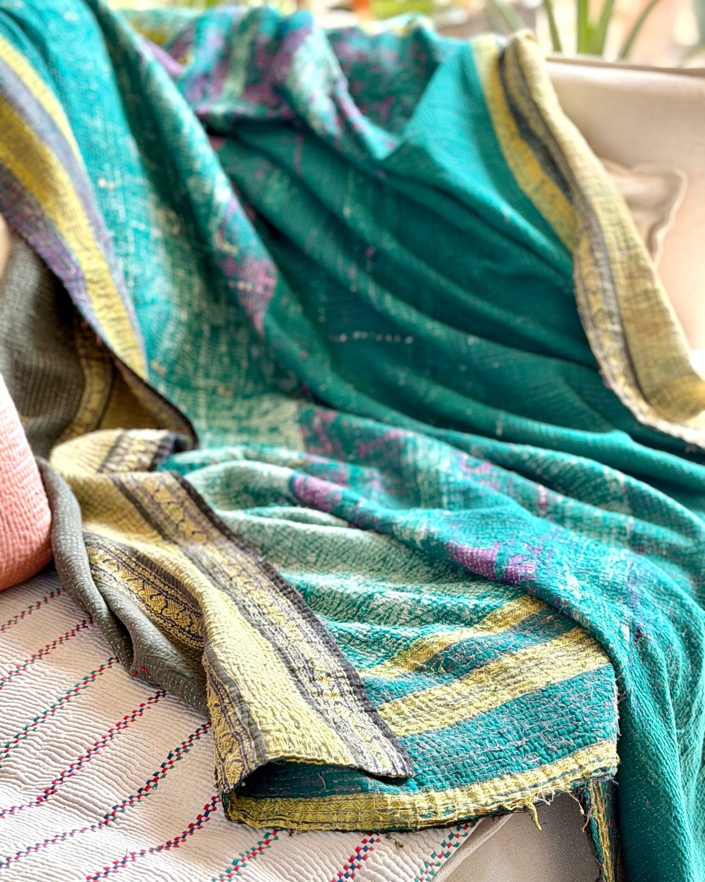 Fine Stitched Embroidered Vintage Kantha Quilt in Green and Gold - Biggs & Hill