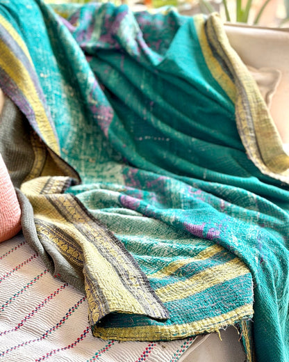 Fine Stitched Embroidered Vintage Kantha Quilt in Green and Gold - Biggs & Hill