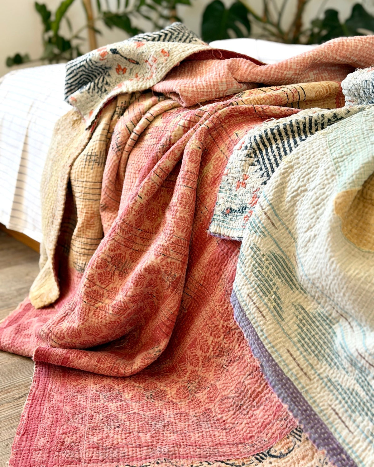 Large Textured Vintage Kantha Quilt in Peachy Pink and Yellow - Biggs & Hill
