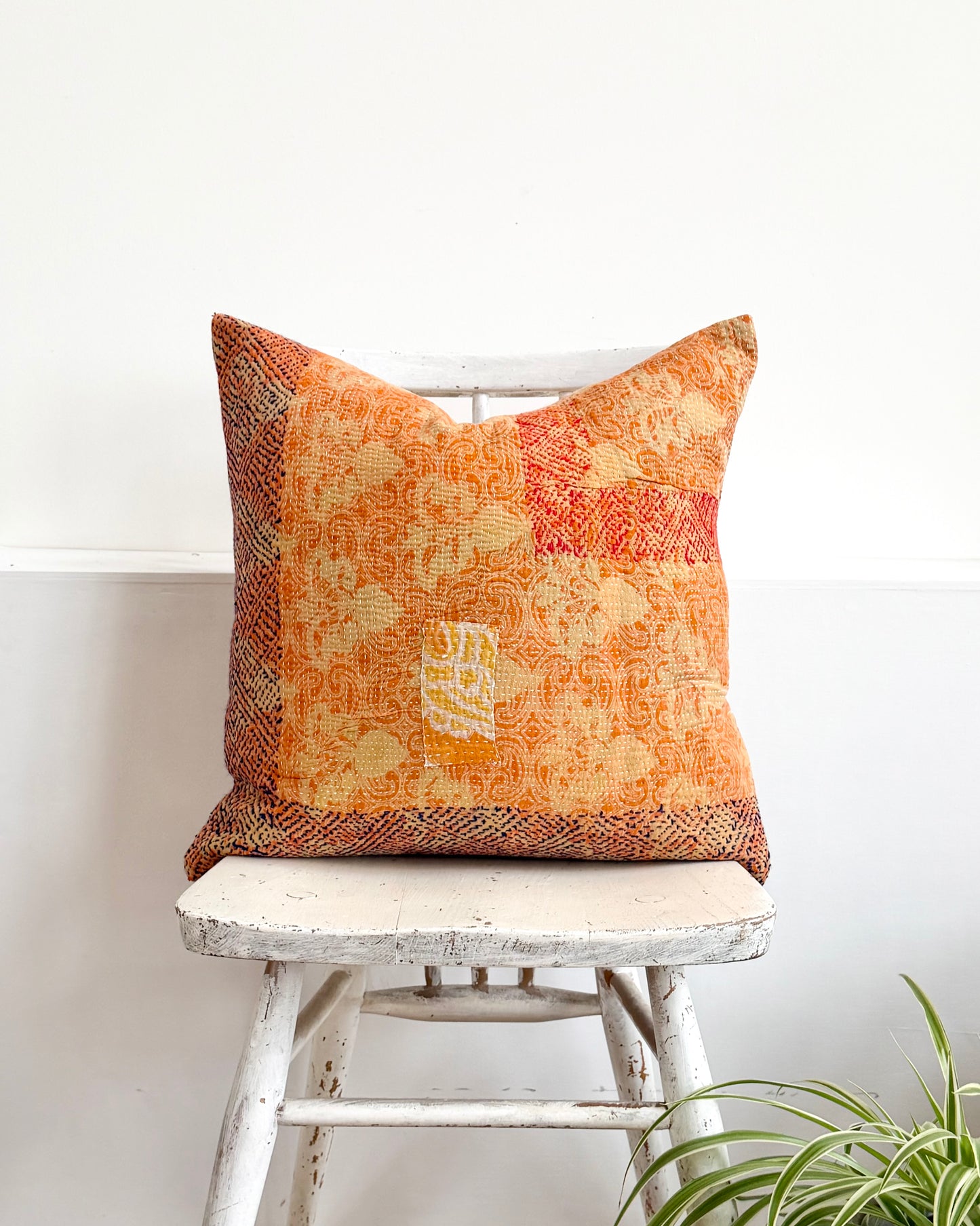 Vintage Kantha Cushion In Floral Orange- 45cm Square