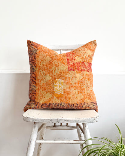 Vintage Kantha Cushion In Floral Orange- 45cm Square