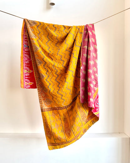 Vintage Cotton Kantha Quilt In Yellow and Red #43