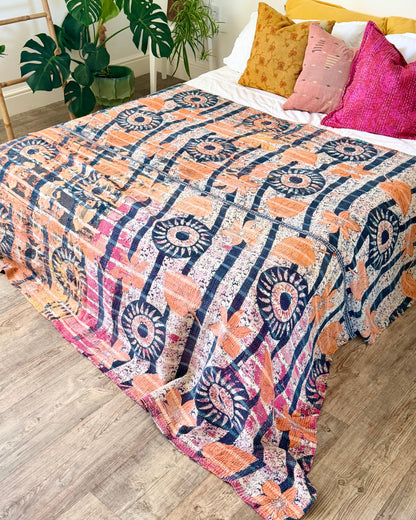 Large Textured Vintage Kantha Quilt in Pink and Blue Patterns