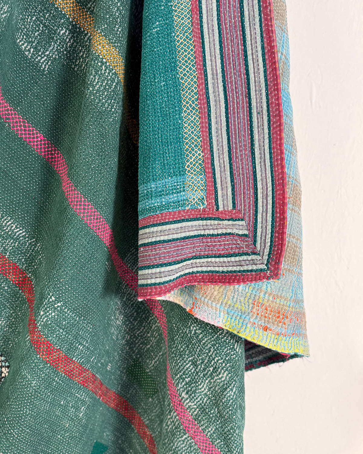 Extra Large Heavy Embroidered Vintage Kantha Quilt in Green and Blue
