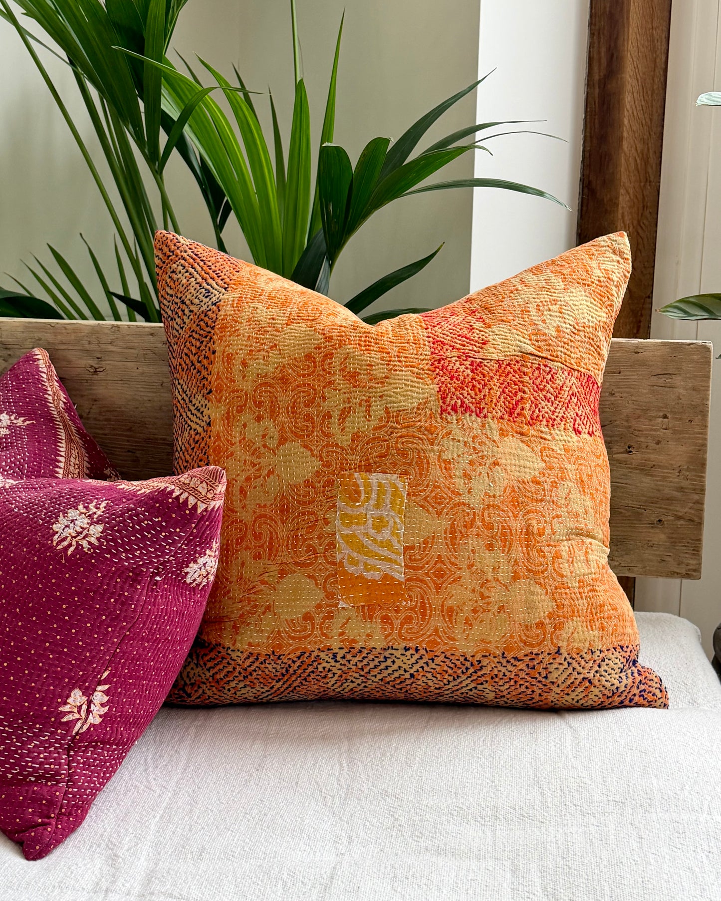 Vintage Kantha Cushion In Floral Orange- 45cm Square