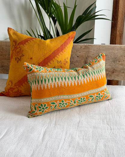 Vintage Kantha Cushion In Green and Orange - Small Rectangular