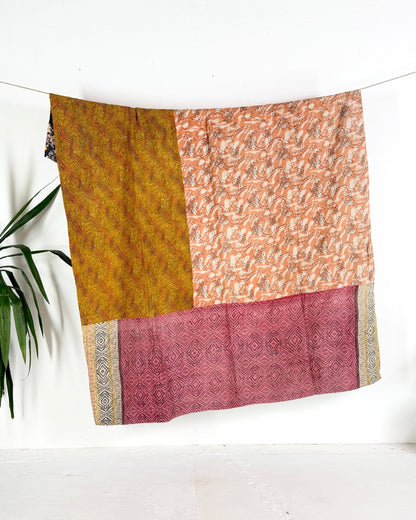 Fine Stitched Vintage Kantha Quilt in Peachy Pink and Mustard - Biggs & Hill