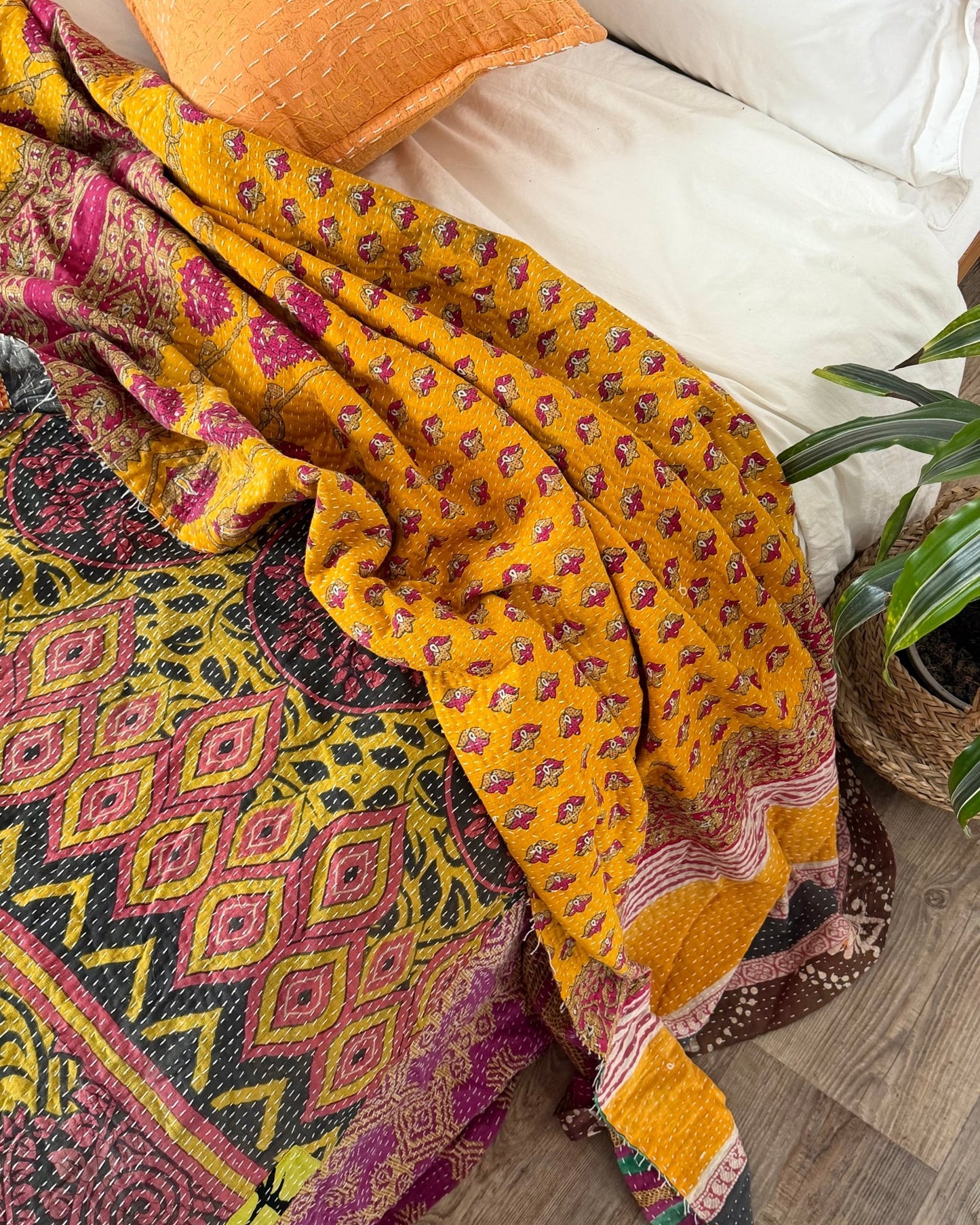 Super King Vintage Kantha Quilt in Green, Purple, Yellow and Red - Biggs & Hill