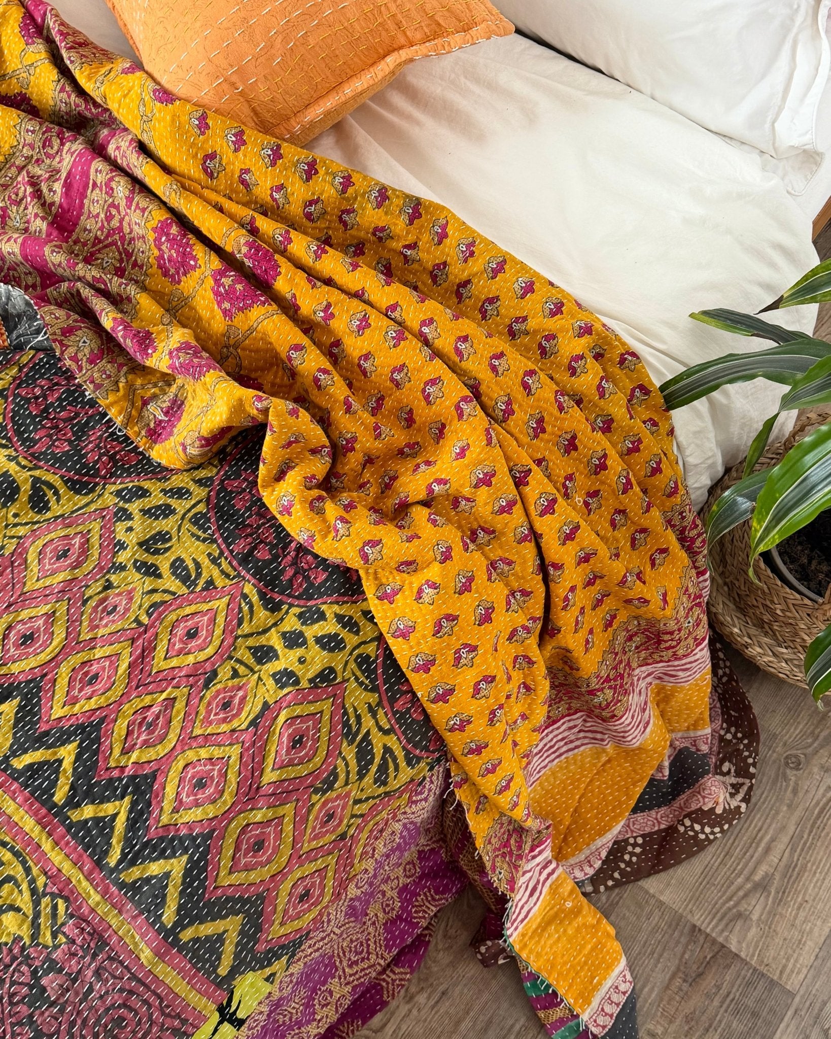Super King Vintage Kantha Quilt in Green, Purple, Yellow and Red - Biggs & Hill