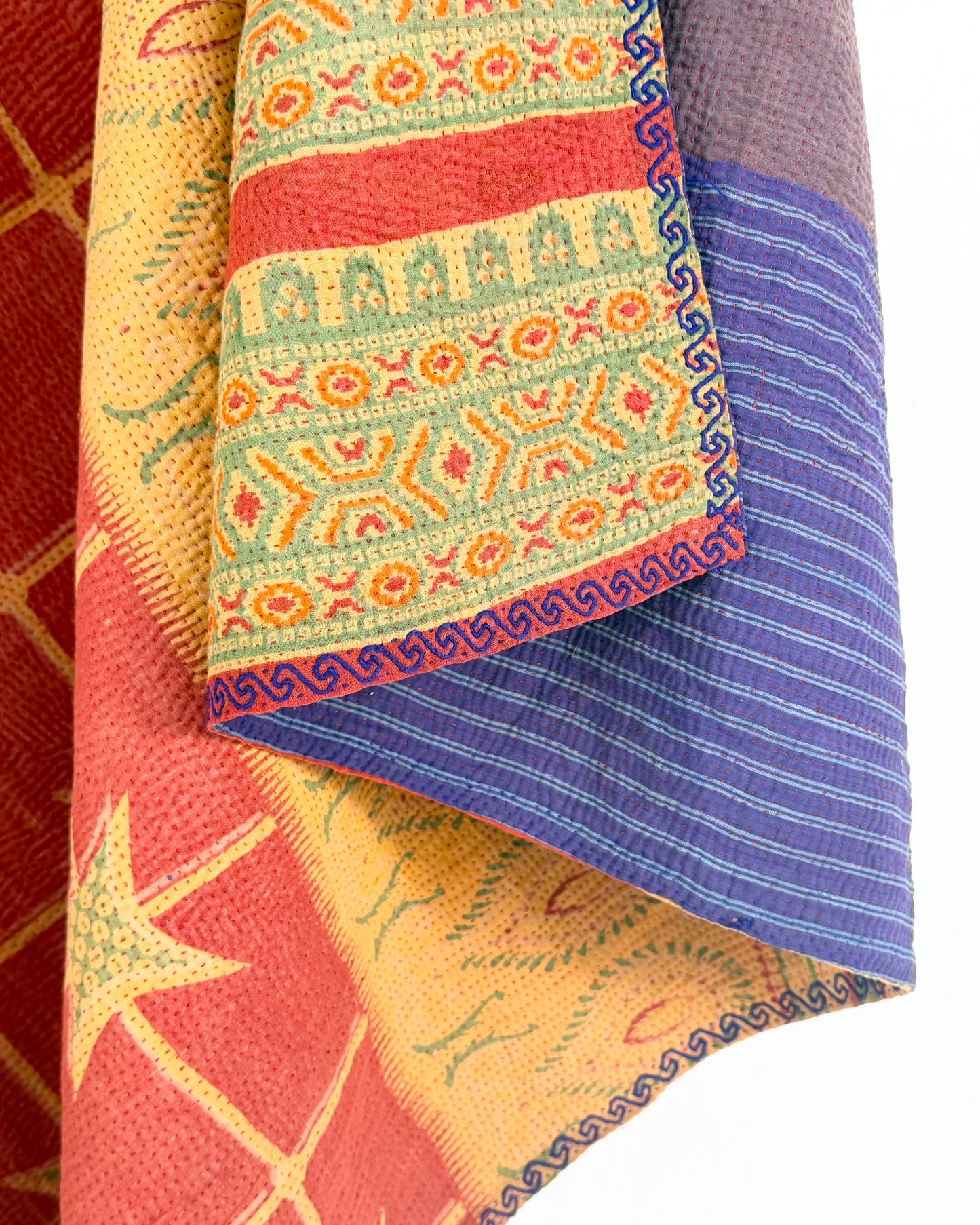 Extra Large Fine Stitched Vintage Kantha Quilt in Mustard Yellow, Red and Blue