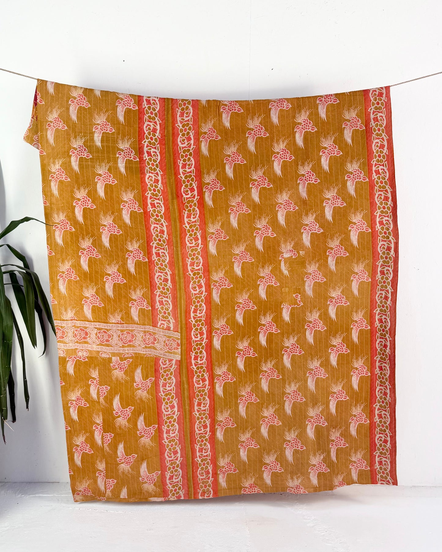 Large Fine Stitched Vintage Kantha Quilt in Mustard and Pink