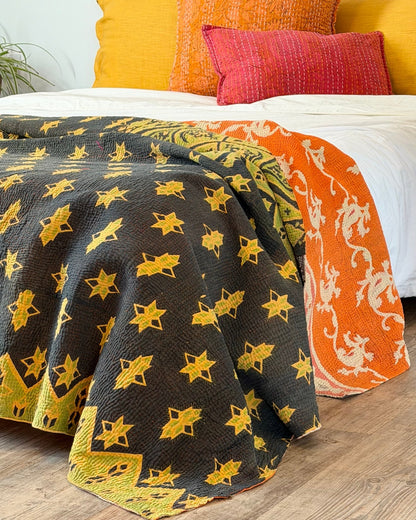 Large Fine Stitched Vintage Kantha Quilt In Orange, Black and Green - Biggs & Hill