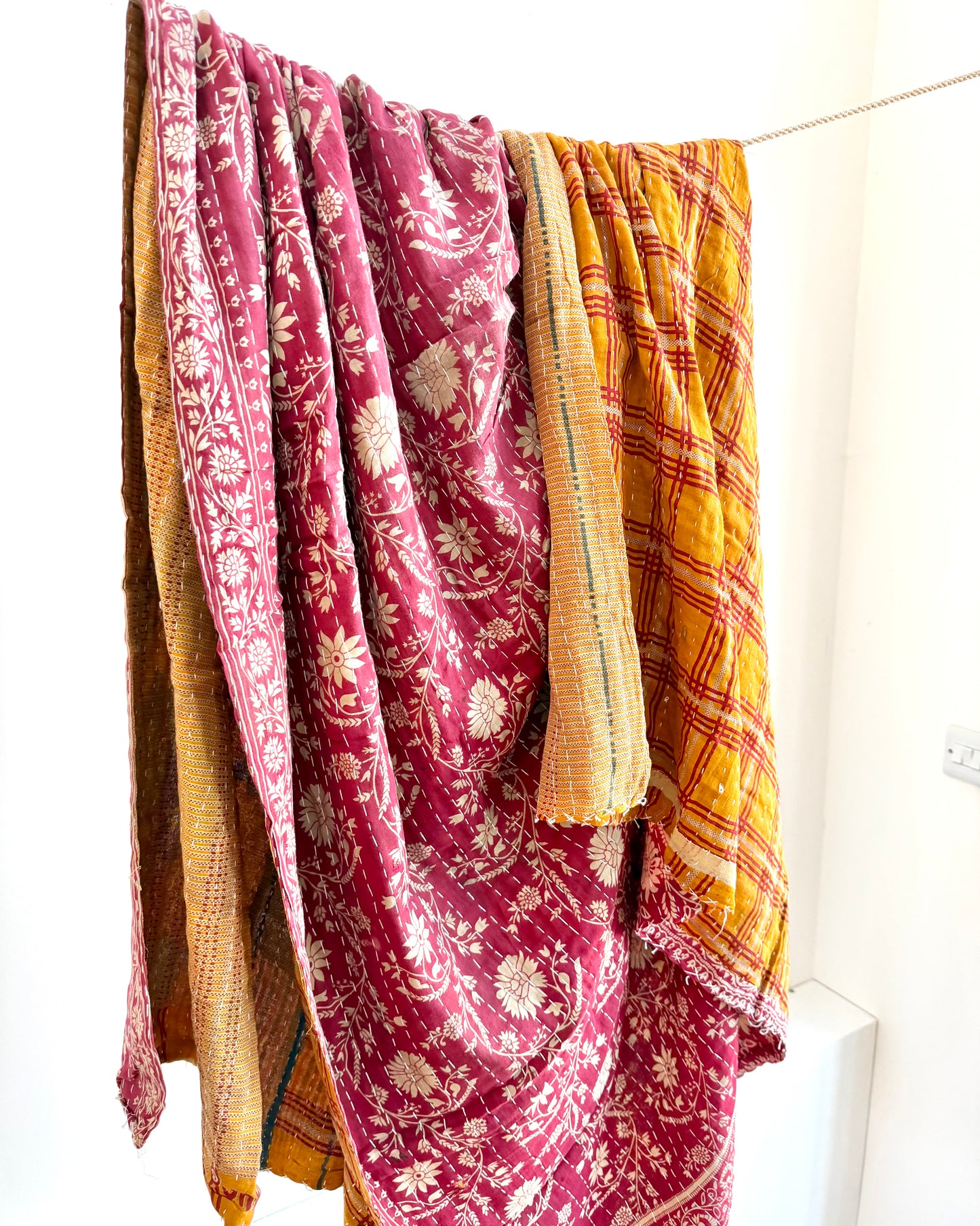 Vintage Cotton Kantha Quilt In Mustard And Red #42