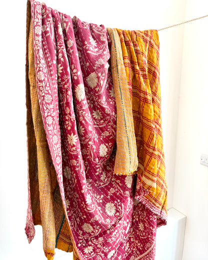Vintage Cotton Kantha Quilt In Mustard And Red #42