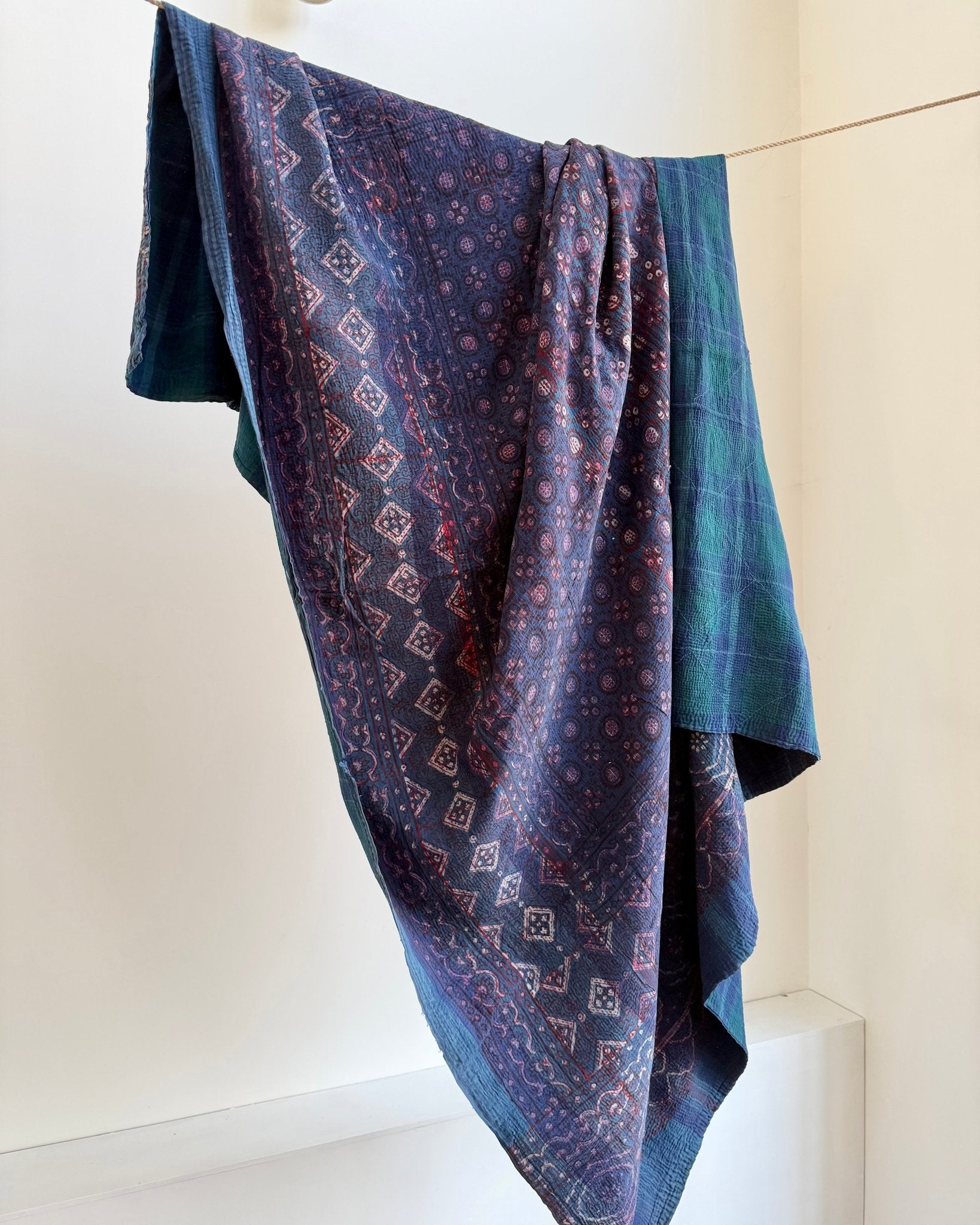 Ajrak Printed Vintage Kantha Quilt In Deep Blue - Biggs & Hill