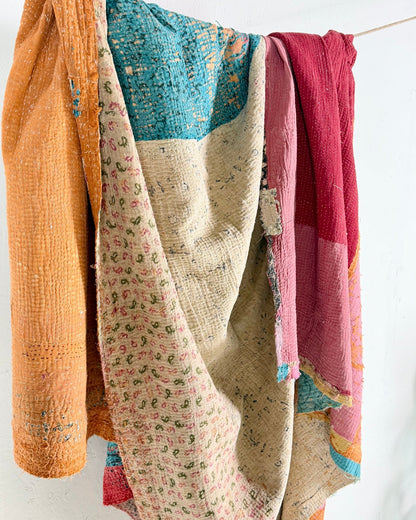 Textured Vintage Kantha Quilt in Patchwork Pink, Orange and Blue - Biggs & Hill