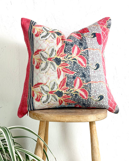 Handmade Vintage Kantha Cushion Cover In Red and Blue - 45cm (18") Square