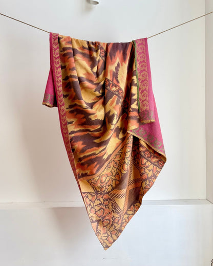 Large Fine Stitched Vintage Kantha Quilt With Yellow and Brown Flame Pattern - Biggs & Hill