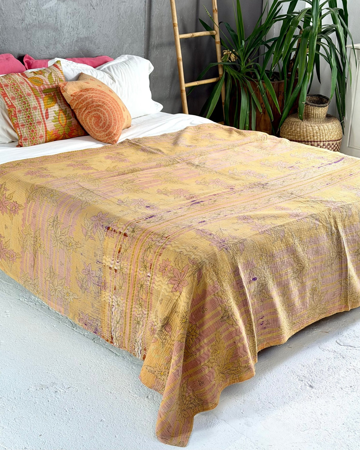 Extra Large Fine Stitched Vintage Kantha Quilt in Geometric Yellow and Green - Biggs & Hill