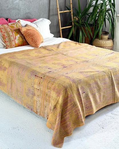 Extra Large Fine Stitched Vintage Kantha Quilt in Geometric Yellow and Green - Biggs & Hill