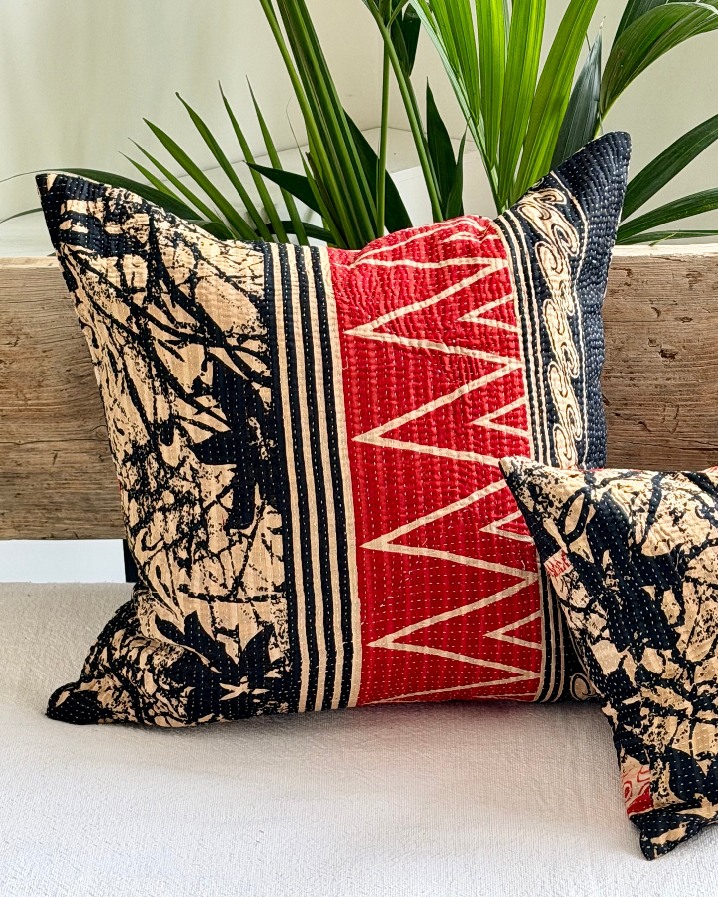 Vintage Kantha Cushion In Black and Red- 45cm Square
