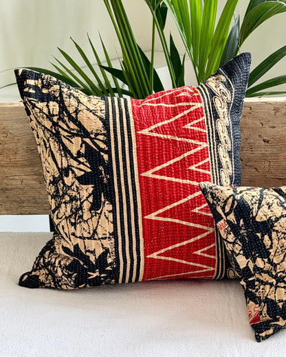 Vintage Kantha Cushion In Black and Red- 45cm Square