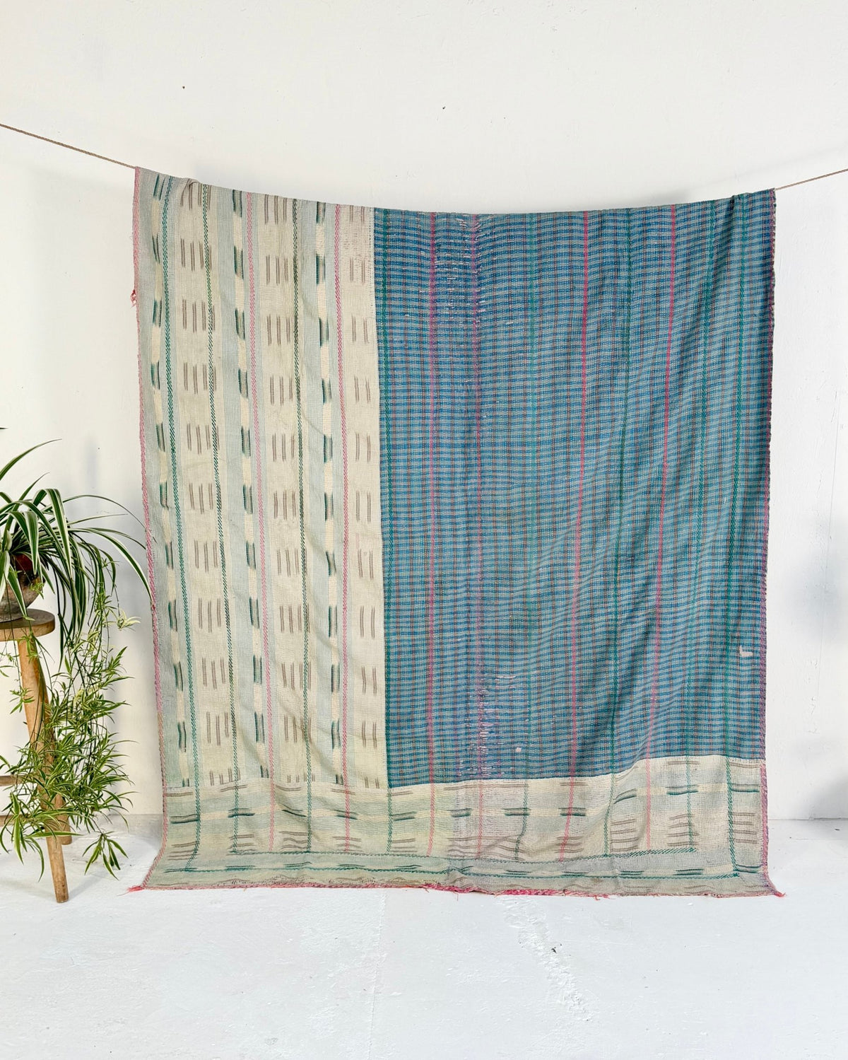 Large Textured Vintage Kantha Quilt In Soft Yellow, Green, Pink and Blue - Biggs & Hill