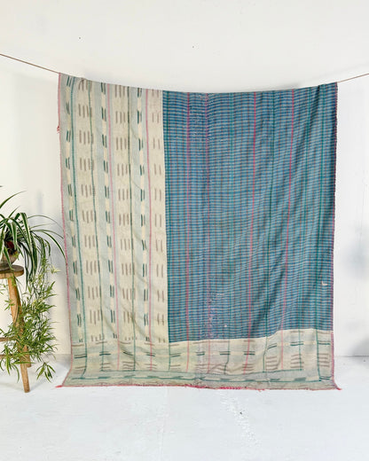 Large Textured Vintage Kantha Quilt In Soft Yellow, Green, Pink and Blue - Biggs & Hill