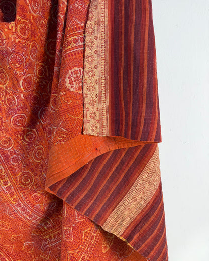Extra Large Ajrakh Printed Vintage Kantha Quilt In Deep Red