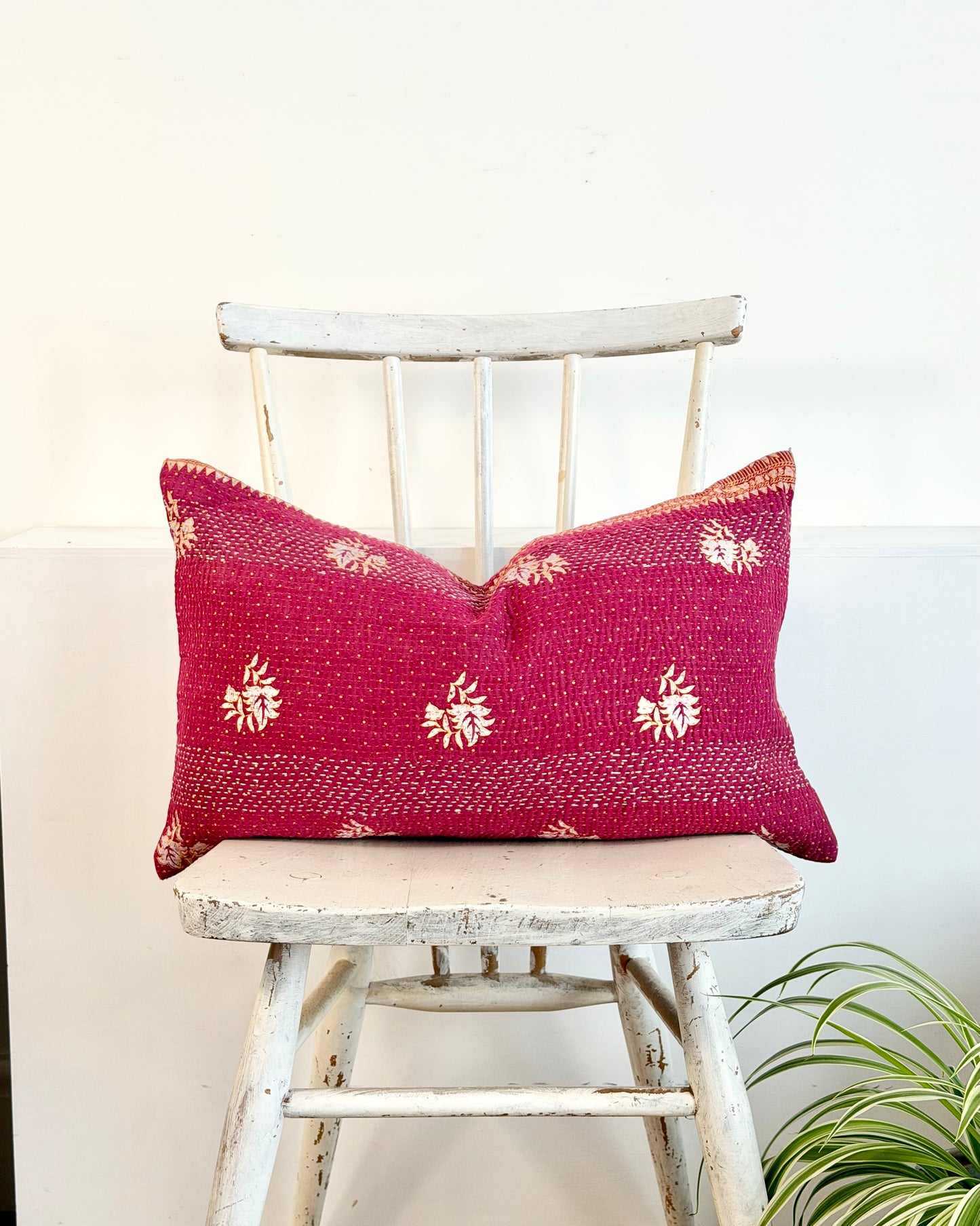Vintage Kantha Cushion In Burgundy and Gold - Small Rectangular