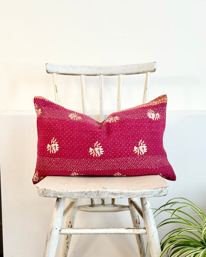 Vintage Kantha Cushion In Burgundy and Gold - Small Rectangular