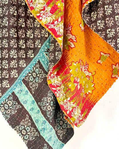 Vintage Cotton Kantha Quilt In Orange and Blue 02 - Biggs & Hill